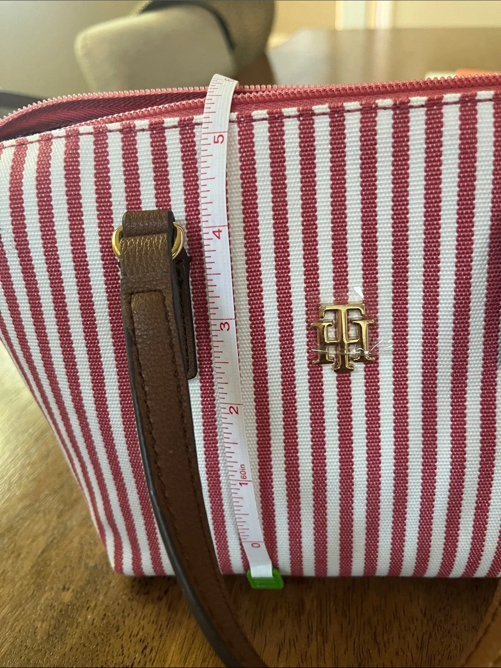 Tommy Hilfiger Red & White Striped Satchel with Brown Trim